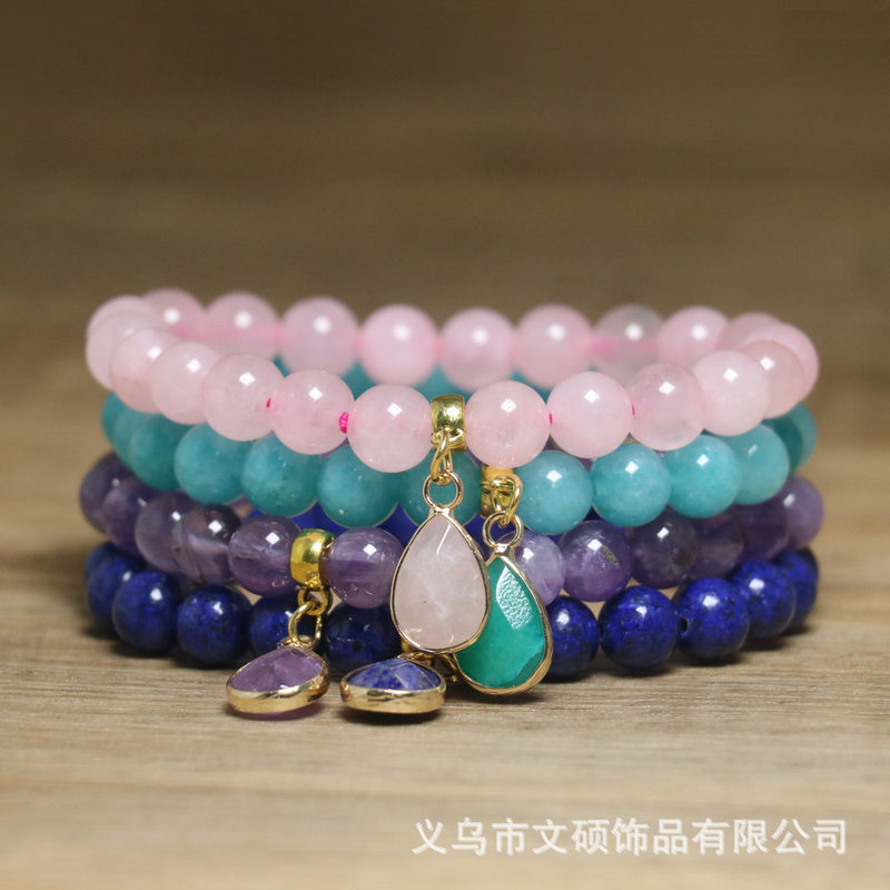 Cross-border hot sale natural stone beaded bracelet water drop pendant rose quartz elastic rope bracelet exquisite ladies jewelry