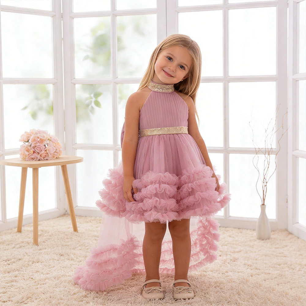 Детское платье с черным хвостом, платье принцессы с лямкой на шее, сетчатая юбка для торта, подиумное платье, одежда для выступлений на фортепиано