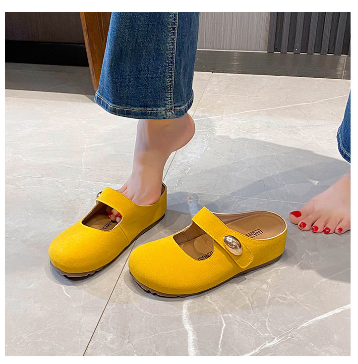 Dép nửa gót Mary Jane nữ mũi tròn mềm mại, đế dày tăng chiều cao 5 cm — Kaki (nửa kéo), Màu vàng (nửa dép) chi tiết 24
