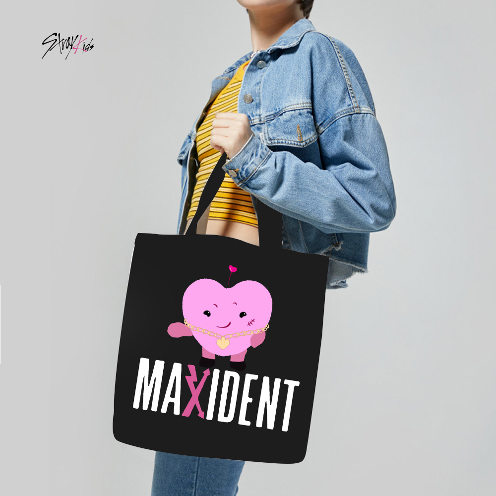 stray kids新专辑MAXIDENT周边卡通爱心应援帆布袋 手提包ins女包