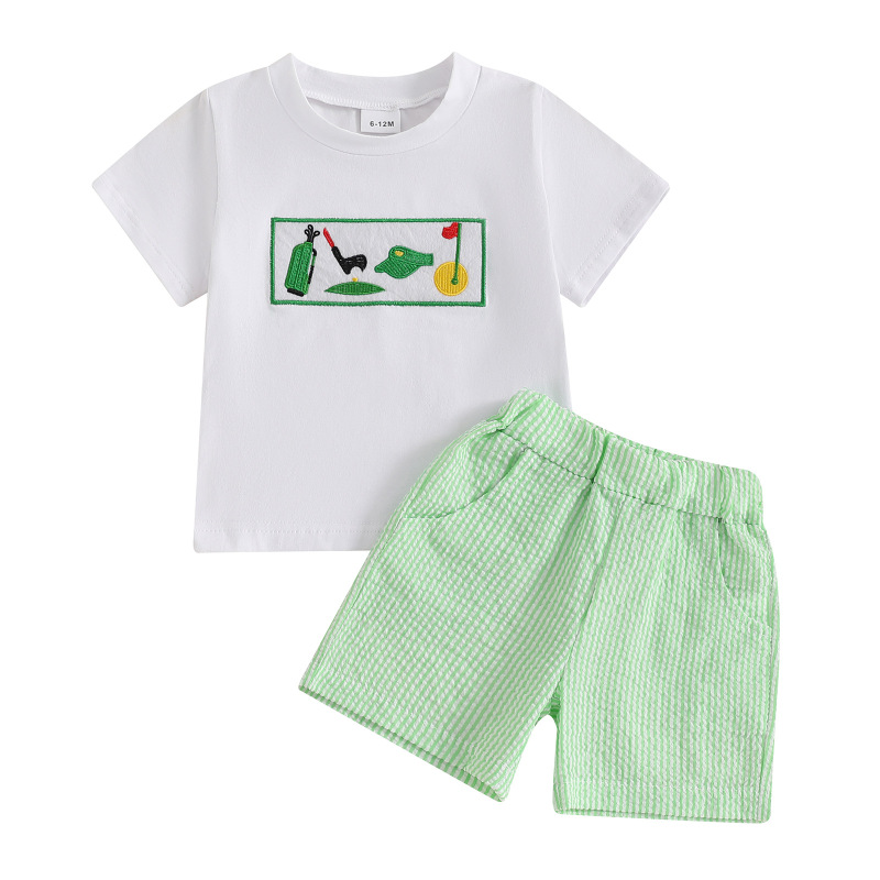 Aliexpress Summer New Cute Baby Boy Golf Embroidered Short-Sleeved T-Shirt + Plaid Shorts Two-Piece Set