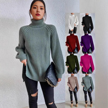 2024秋冬新款针织连衣裙女中长款高领插肩袖宽松显瘦开叉毛衣