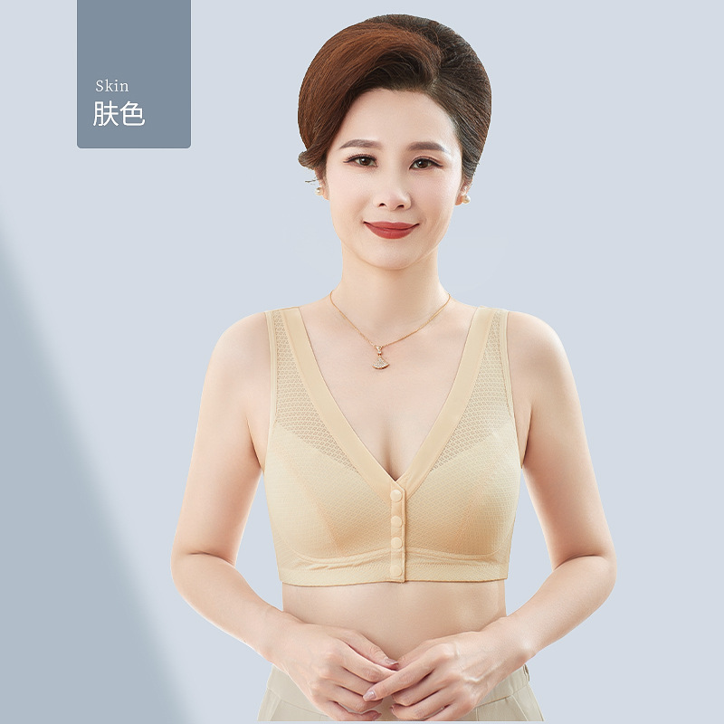 Ropa interior de mamá verano estilo delgado hebilla delantera sujetador sin anillo de acero forro de algodón puro estilo chaleco sin costuras sujetador de mediana edad y anciano de gran tamaño