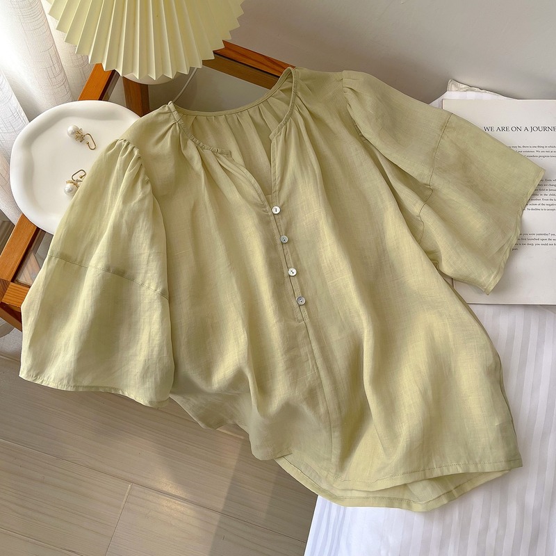 女性用フレンチライトで優しいリネンシャツ、夏用無地リネンシャツ、怠惰で年齢を軽減するコットンとリネンのシャツトップ|undefined