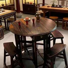 新中式折叠圆桌老榆木餐桌家用小户型折叠桌实木餐桌简易吃饭桌