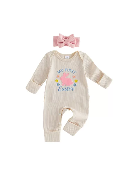 Baby My First Easter Rabbit Embroidered Romper Waffle Long Sleeve Baby Outfit + Headband Set