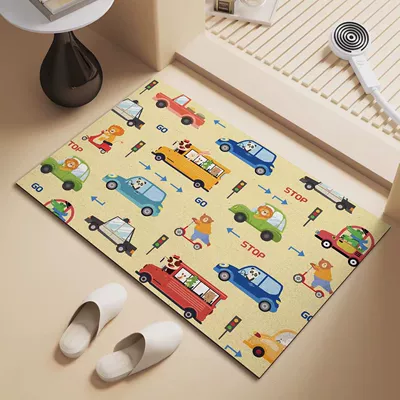 Cartoon Car-Themed Household Bathroom Mat, Water-Absorbent Non-Slip Foot Mat, Diatomaceous Earth Toilet Carpet, Bathroom Entrance Mat (Avtomobil döşəmə paspasları) - animal-car-4060cm