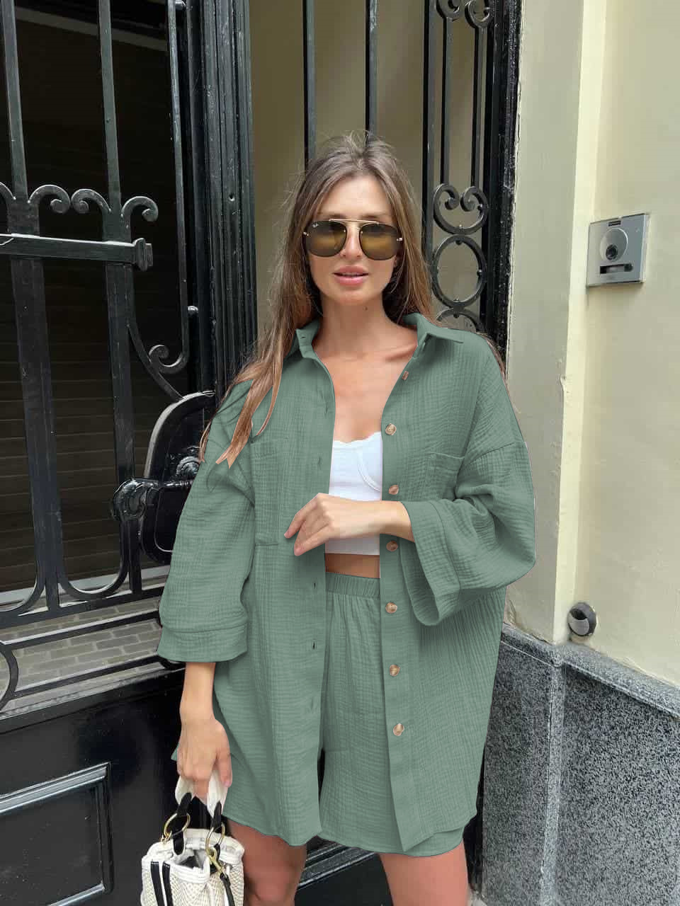 Casual Button-Up Cardigan & Shorts Set – Breathable Polyester Lounge-to-Street Outfit (S-XL, 4 Fresh Colors, Euro-US Minimalist Comfort)​_ecoleips.com