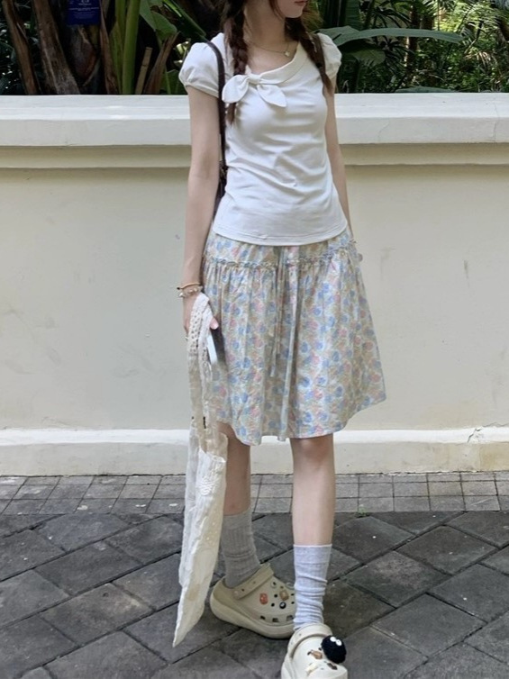 TheDouerr ウサギ耳 かわいい半袖Tシャツ 3色 夏 スリムフィット 右肩トップス 着痩せ|undefined