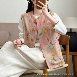 新中式国风无袖衬衫女2026新款秋季文艺盘扣印花宽松显瘦马甲上衣