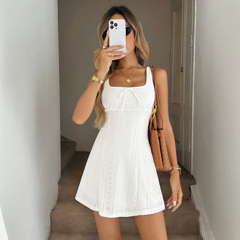 European and American Foreign Trade Korean-Style Fashion White Hollow-Out Crochet Square-Neck Bow Sleeveless Waist-Cinching Slimming A-Line Dress European and American Foreign Trade Korean-Style Fashion White Hollow-Out Crochet Square-Neck Bow Sleeveless Waist-Cinching Slimming A-Line Dress