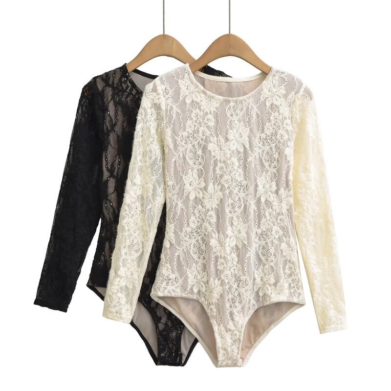 Fashion New Lace Splicing Long-Sleeve Crotchless Women's T-Shirt Mesh Hollow Crochet Hot Girl Jumpsuit Top