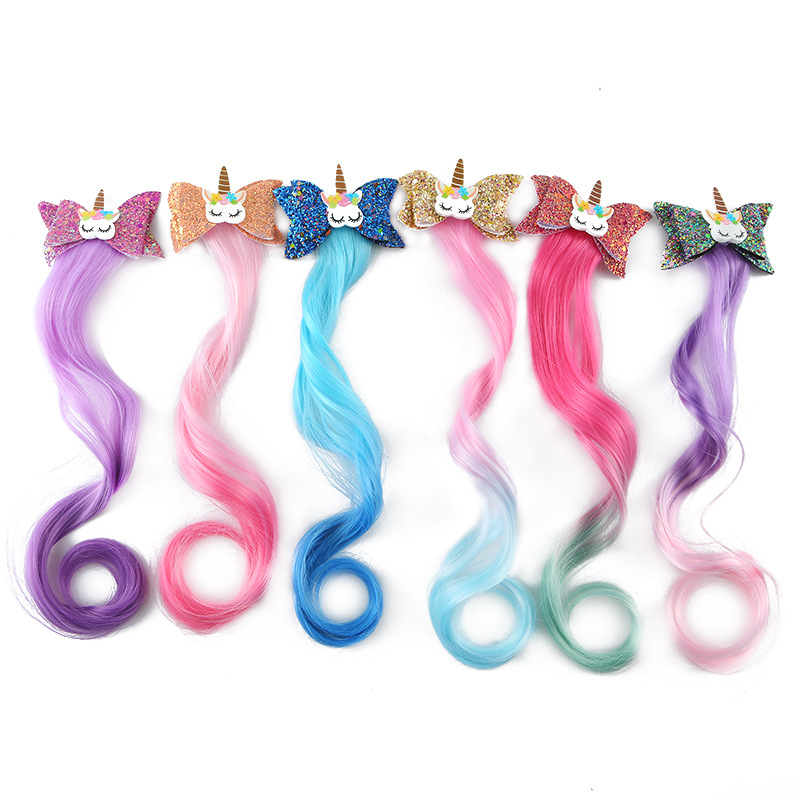 Fábrica DE LOS NIÑOS unicornio horquilla niñas arco brillante trenzado rizado peluca extensión del pelo princesa Dress Up