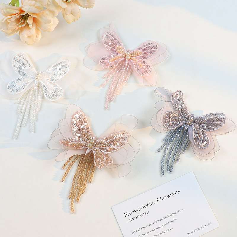 Korean Crystal Tassel Butterfly Gauze Flower Lace Flower Patch DIY Hat Bag Clothing Accessories Headdress Flowers