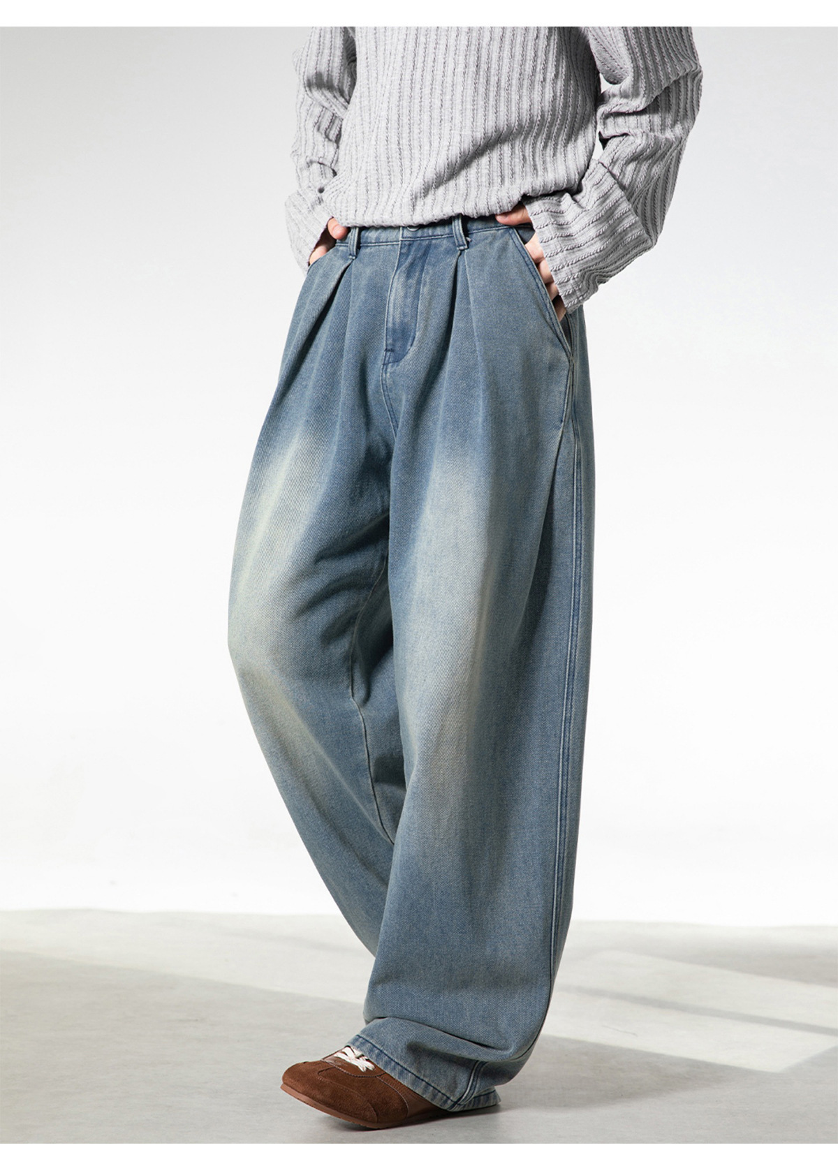 Retro Washed Oversized Jeans for Men Straight Leg Loose Fit Casual Trousers Split Pleats mid Waist Cotton Spring Style_voghion.com