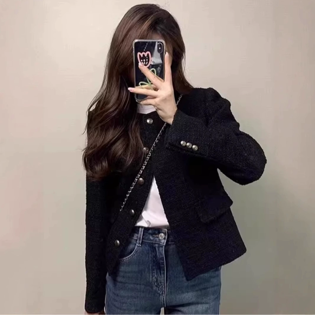 Черный демисезонный кардиган, короткая куртка, plus size, стиль Chanel, для подростков