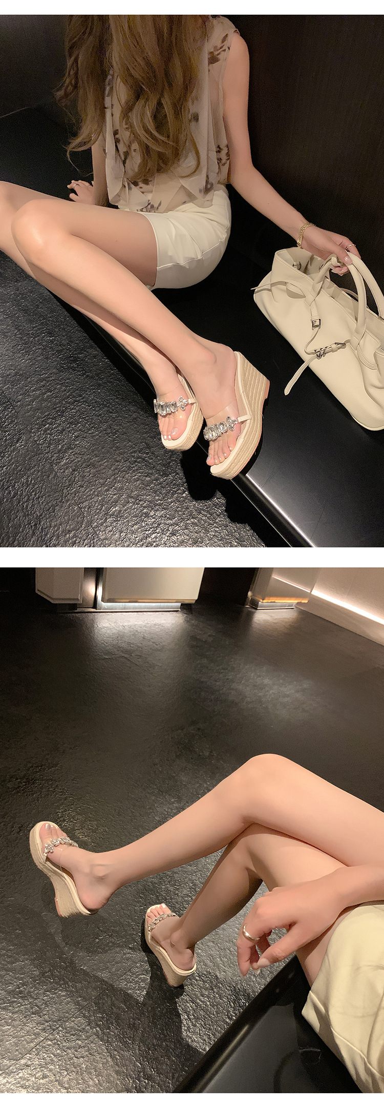 Sandal cao gót nữ đính đá quai ngang mũi hở đế xuồng cao gót 9 cm — Mặt đính đá trắng kem, Mặt trơn trắng kem chi tiết 11