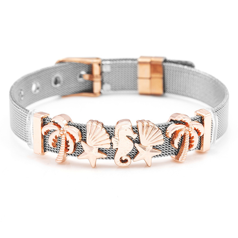 Holiday Occasion Coconut Tree, Starfish, Hippocampus Pattern Marine Style Coconut Tree Starfish Hippocampus Stainless Steel Plating Watch Strap