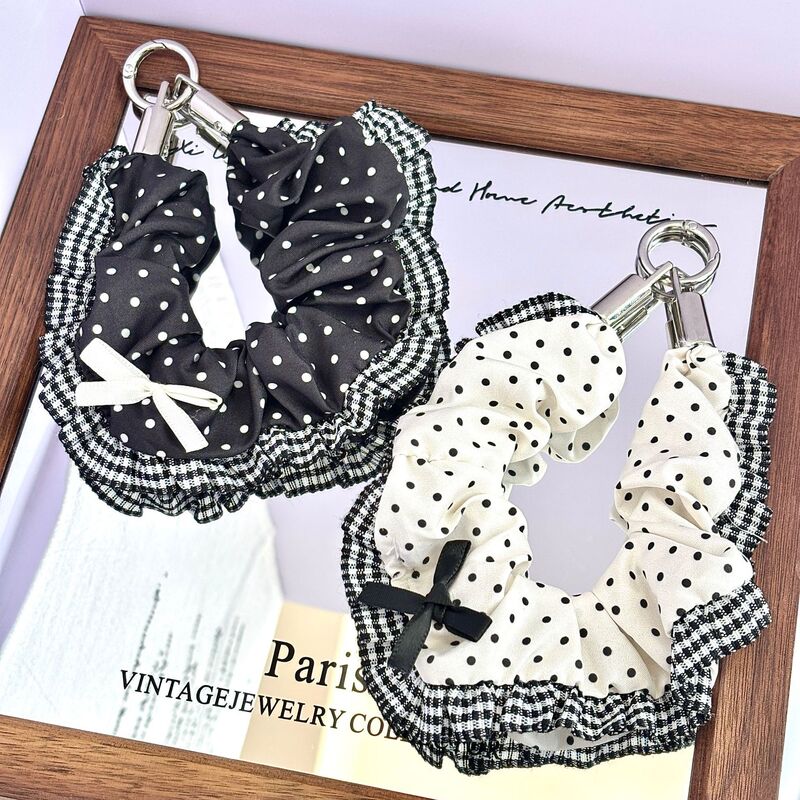 Black and white polka dot plaid patchwork scrunchie short phone lanyard vintage bow fabric keychain wrist strap Black and white polka dot plaid patchwork scrunchie short phone lanyard vintage bow fabric keychain wrist strap