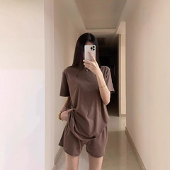 在庫あり BF スタイルのゆったりとした快適なレイジー半袖ショートパンツセット、柔らかく肌に優しいカジュアルホームウェアパジャマセット、女性用