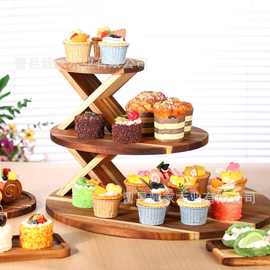 跨境相思木置物架多层糕点展示架木质餐盘纸杯蛋糕收纳架