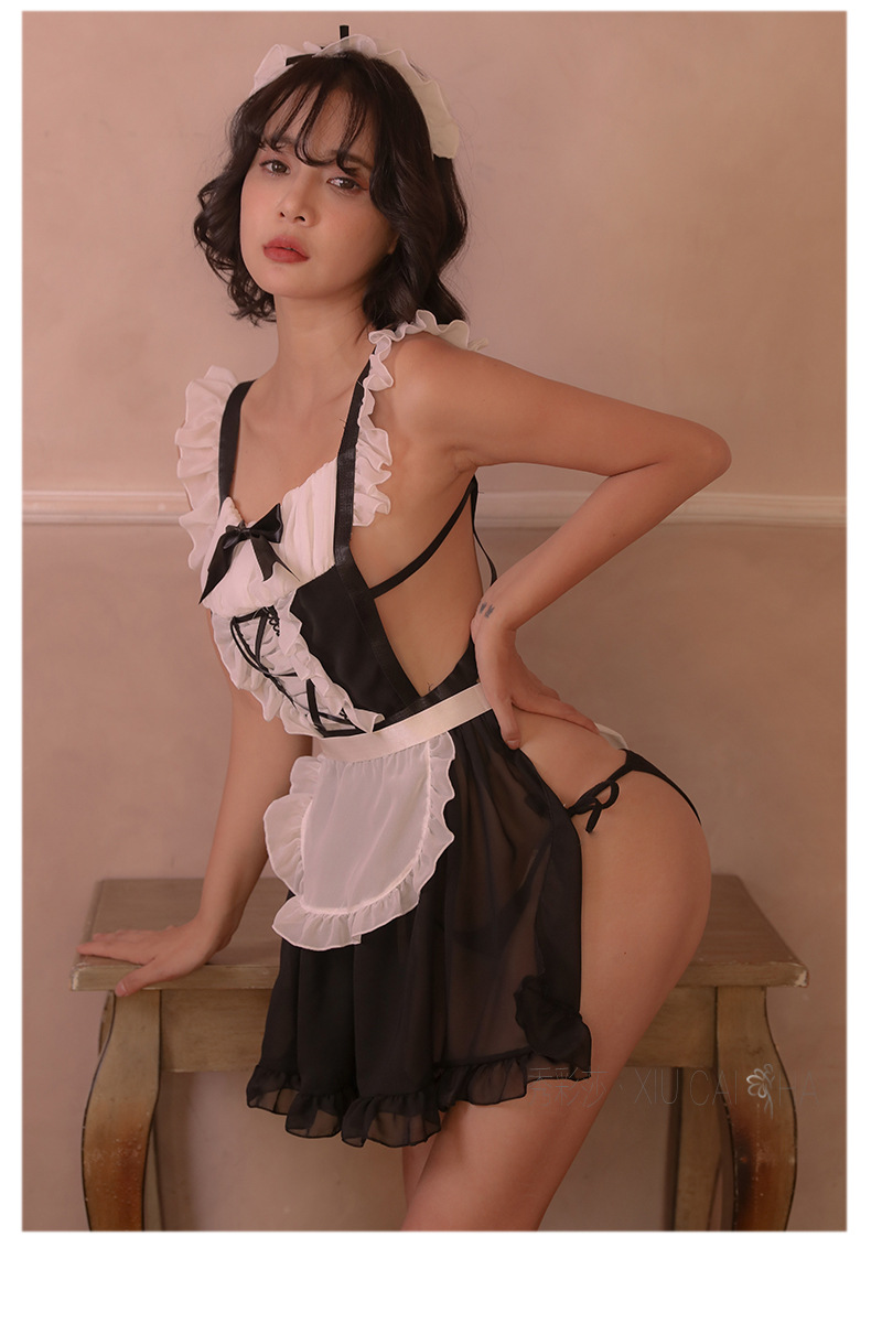 Maid Roleplay Lingerie Set with Headpiece, Crotchless Stockings and Panties — detail image 13