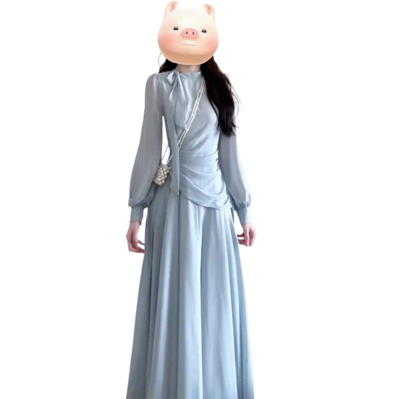 2024 이른 가을 새로운 프랑스 기질 긴 소매 블루 원피스 어린이 여름 시원한 허리 슬리밍 긴 원피스