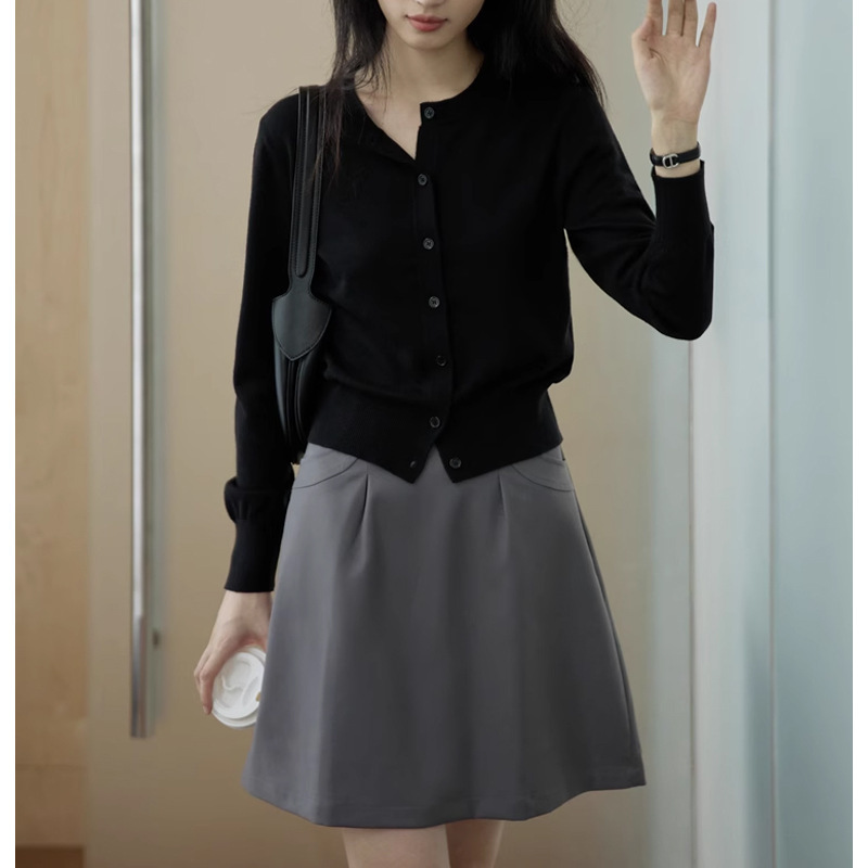 Simple Elegant Commuter Merino Wool Crewneck Knitted Cardigan Women's Spring and Autumn Long Sleeve Top