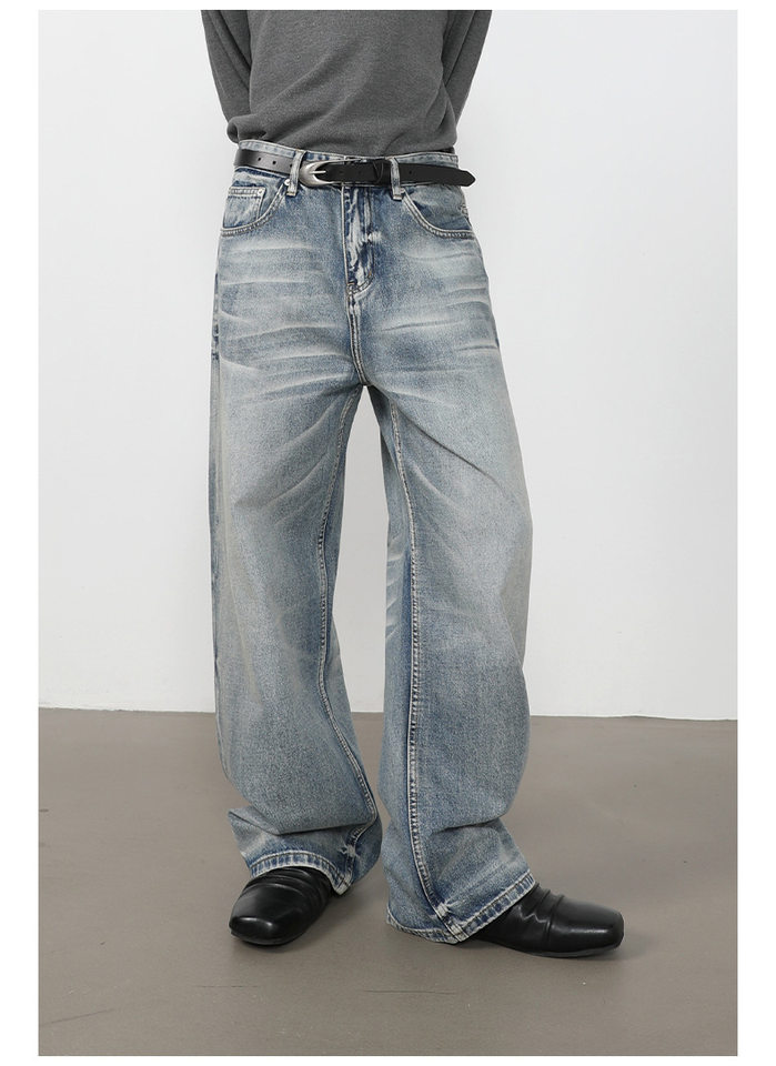 Quần jeans nam ống rộng lưng giữa, dáng suông thoải mái, chất denim washed — màu xanh, màu xanh nhạt, màu xám đen chi tiết 21