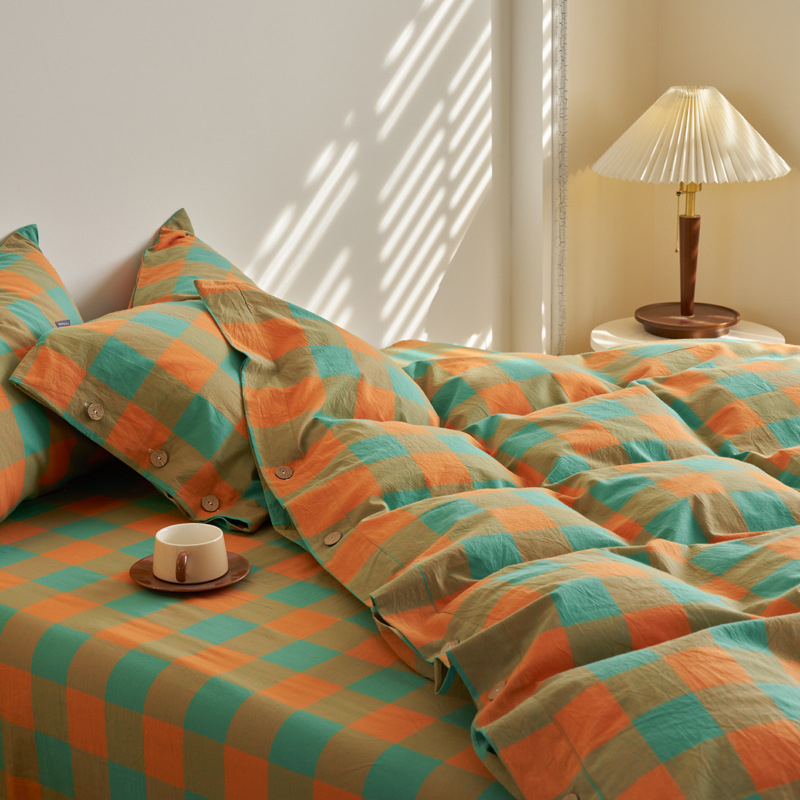 Nordic Style Cotton Plaid Bedding Set With Fitted Sheet For Home_voghion.com