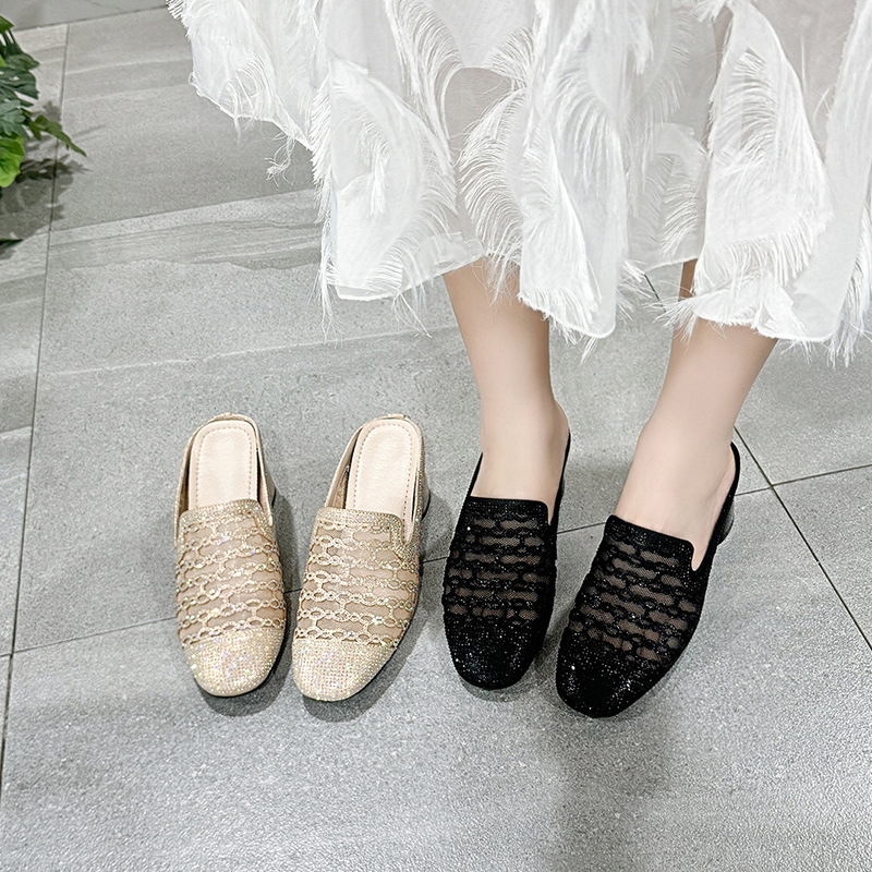 Dép sandal nữ quai chữ V gót thấp 3 cm, đế mềm, lưới thoáng khí — Gót đen cao 3 cm