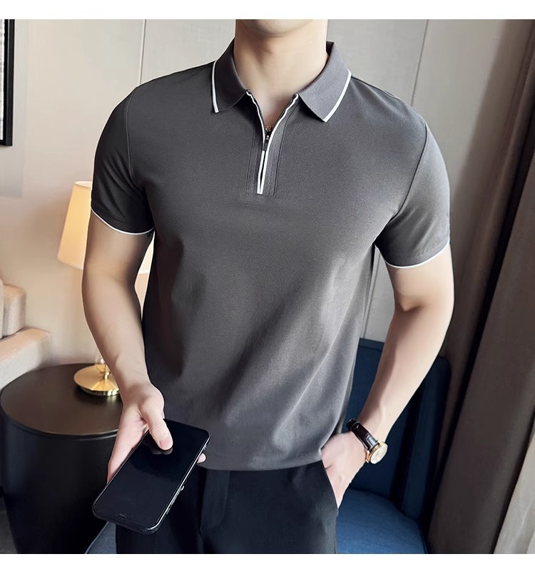 "Men's Slim-Fit Zip Polo Shirt – Breathable Cotton Short Sleeve With Embroidered Detail, Business Casual Summer Top (3 Colors, Sizes M-XXXXL)"_viptrois.com