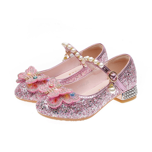 Children's princess shoes, high-heeled shoes, kids' single shoes, butterfly crystal shoes, baby leather shoes, autumn ballet shoes, little princess