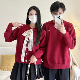 秋季新款设计感蕾丝系带毛衣圣诞节红色过年开衫慵懒风针织外套潮