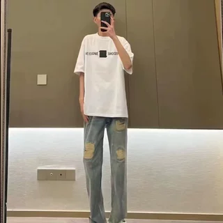 美式个性高街破洞牛仔裤男士春季潮牌复古直筒宽松阔腿拖地老爹裤