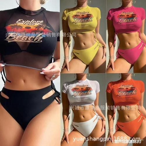 European and American style mesh three-piece swimsuit for women, print bikini Russian