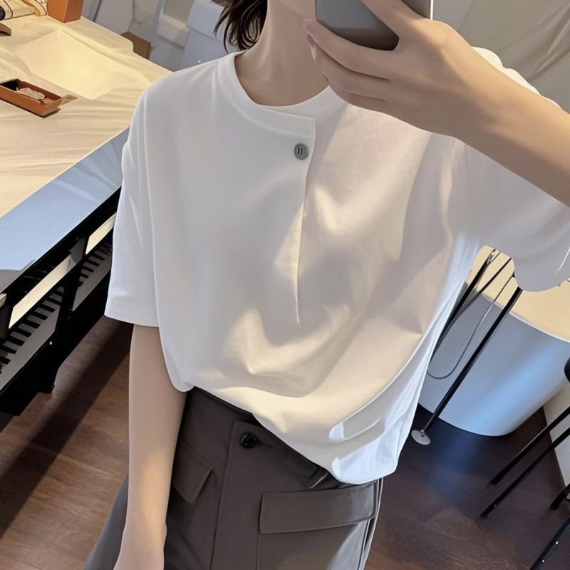2025 新しいスタイルの女性用ピュアコットンショルダー T シャツ、半袖夏デザイン、ニッチ、ルーズ、ユニークで超見栄えの良い|undefined