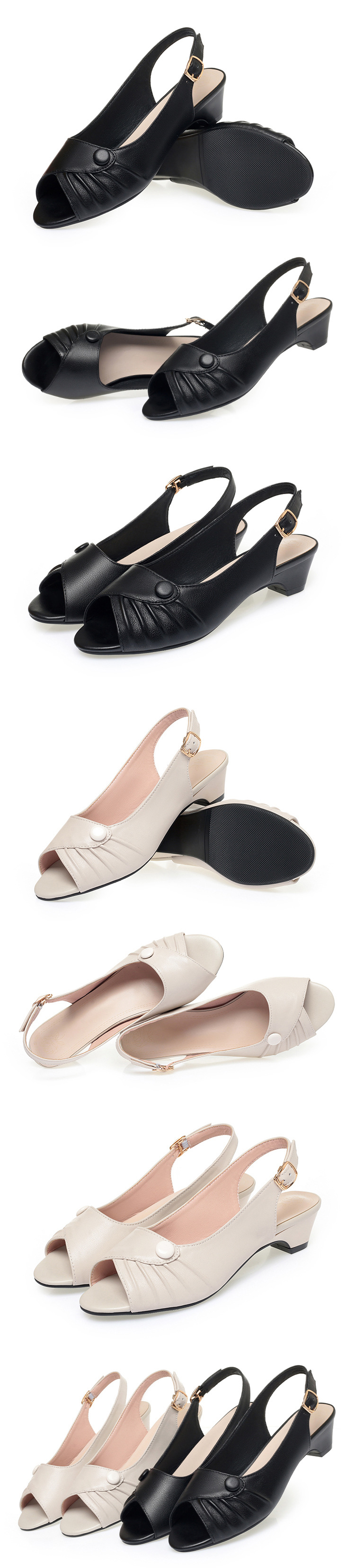 Sandal nữ quai ngang da thật gót vừa đế mềm miệng cá thời trang — Màu be chi tiết 9