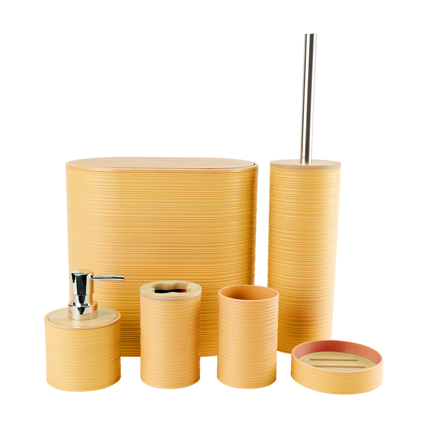 Tapa de bambú de patrón horizontal, baño, lavado de plástico, fabricante de seis piezas, almacenamiento de baño al por mayor, estante para enjuague, funda para cepillo de dientes