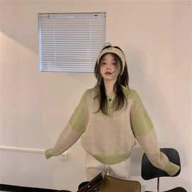 实拍！韩国chic气质新款宽松百搭慵懒风撞色拼接POLO领加厚毛衣女