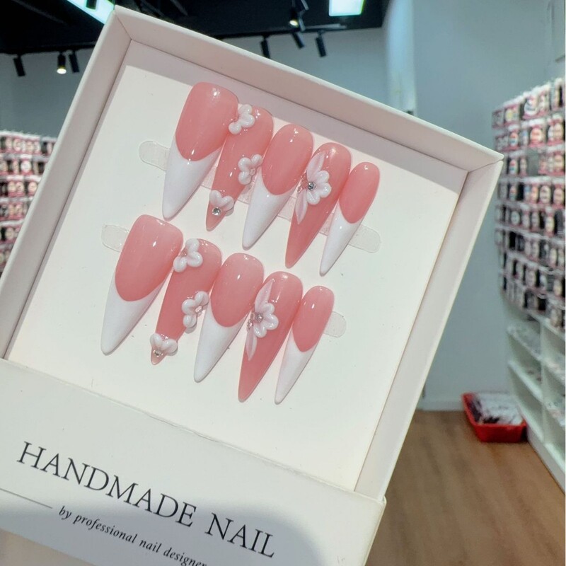 [Namo] Cross-Border Export Hot-Selling Long-Pointed French Carved Export European and American Pure Handmade Press-On Fake Nails