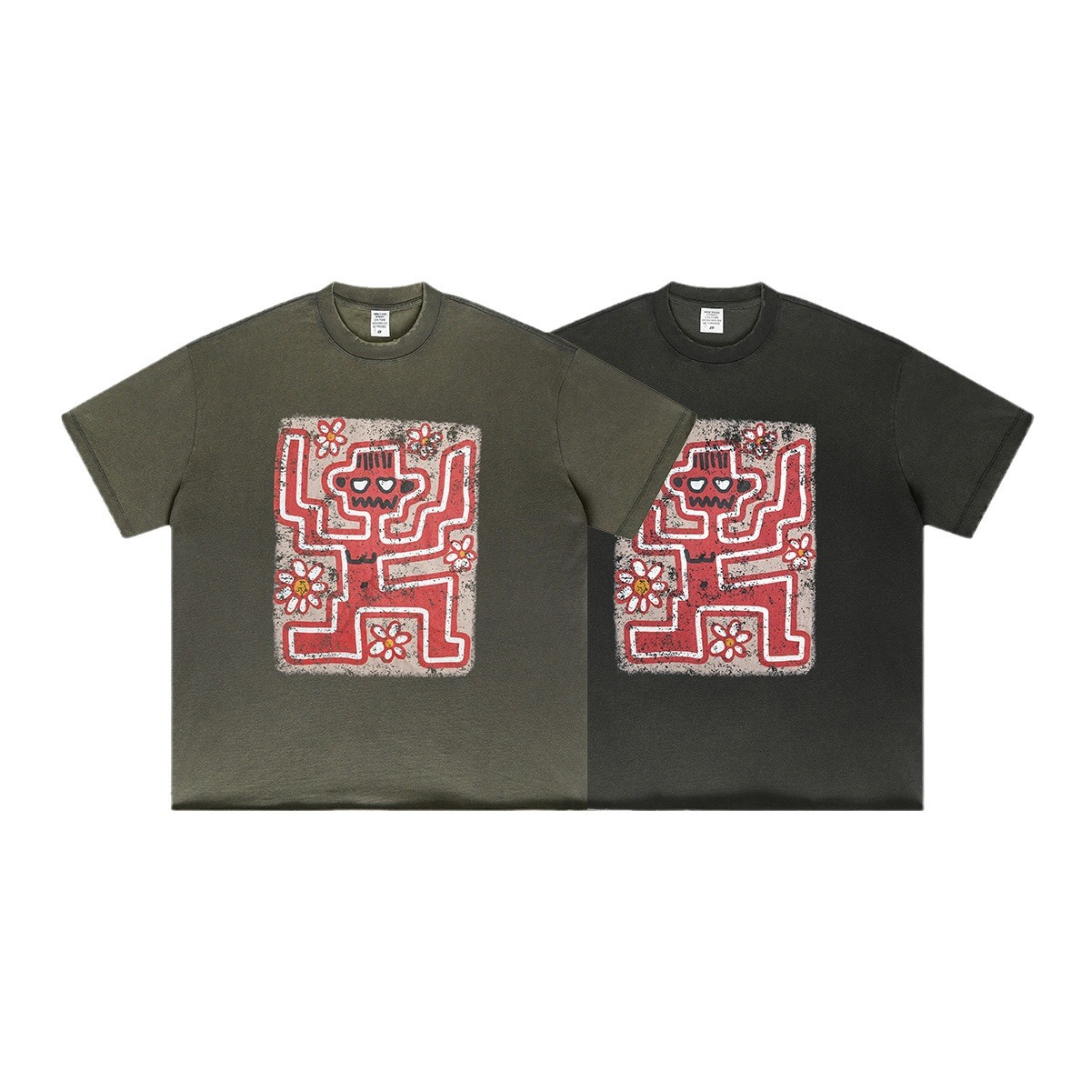 2025 estilo americano vintage marca de moda lavado con agua hacer viejas flores divertidas impresión de manga corta camiseta de calle vintage suelta hombre
