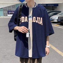 25年夏季流行新款五分袖立领棒球服衬衫外套男生青少年青春流行潮