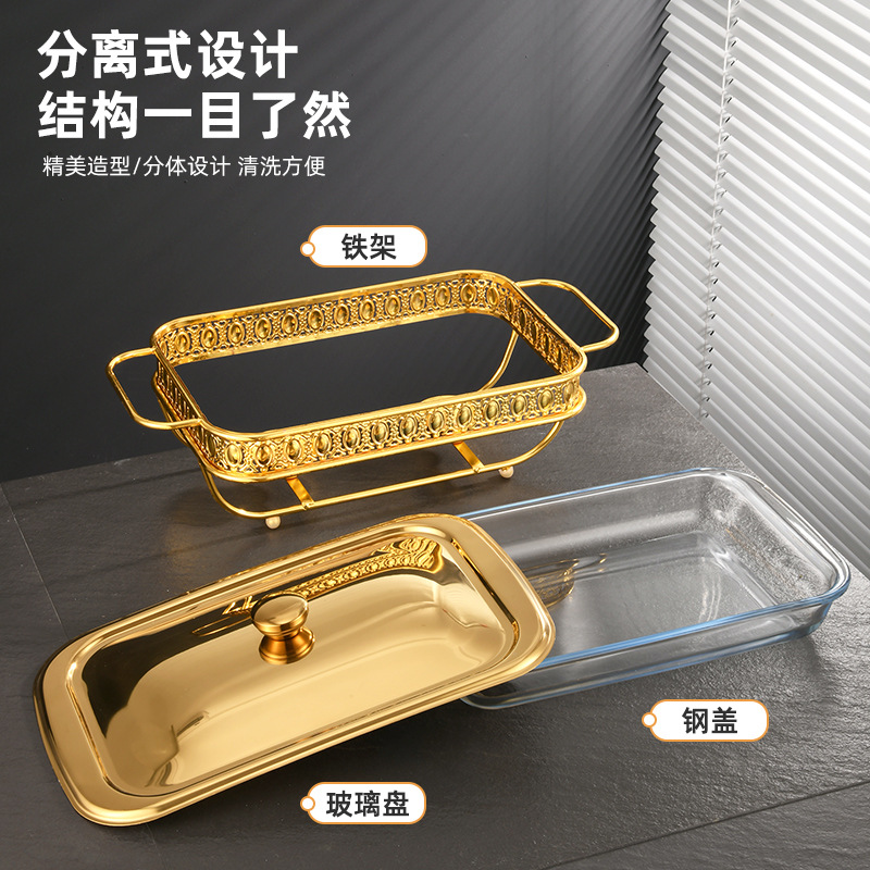 跨境玻璃自助餐爐金色長方形酒精餐爐酒店餐廳加熱食物酒精爐乾鍋