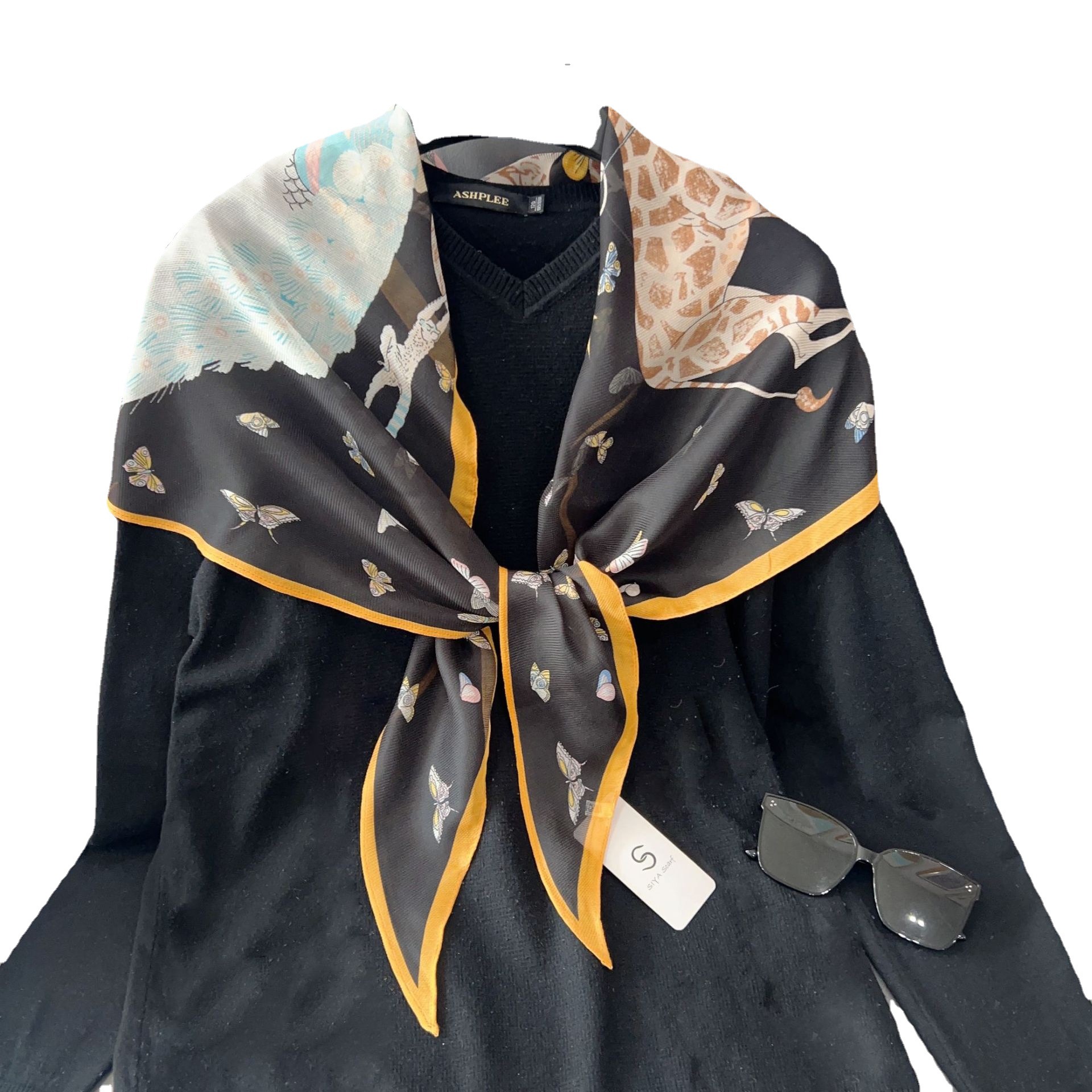 Estilo coreano de seda como bufanda impresa de moda todo-fósforo mariposa color a juego bufanda mujer primavera y verano camisa decorativa diamante bufanda