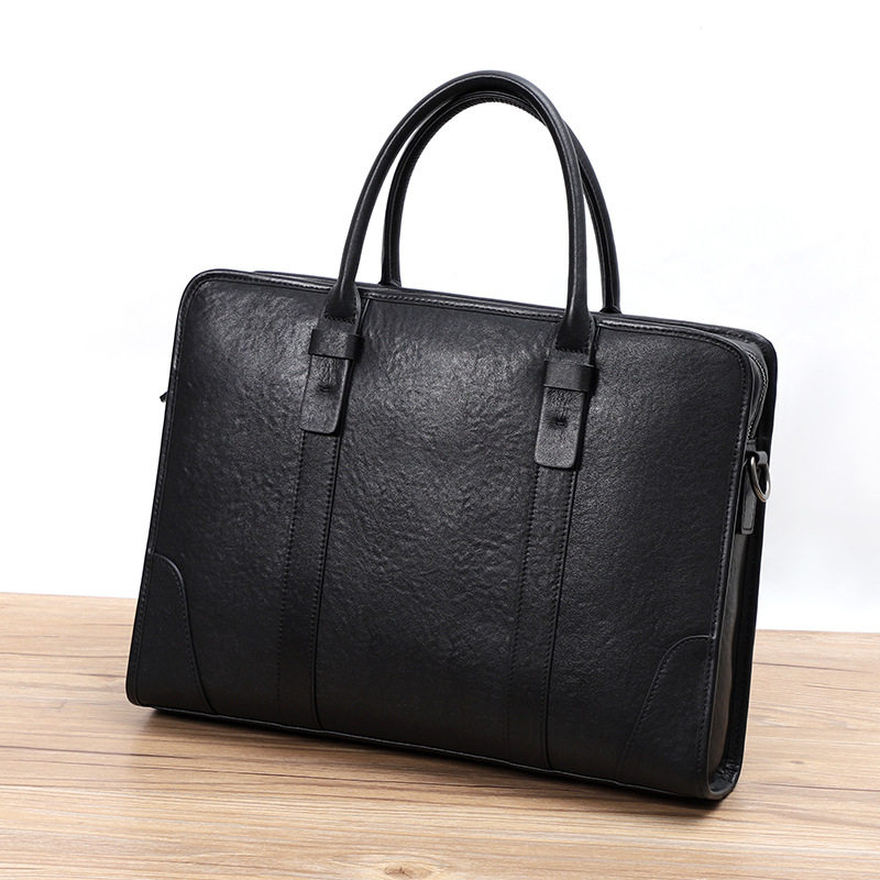 Túi xách tay nam da bò lớp đầu 38×8×28 cm, túi công sở đựng laptop 14 inch, đeo chéo tiện lợi — Màu Đen thuộc da bình thường bên trong màu đen, Màu đen cây cao, Lớp lót nỉ flannel cao cấp cầm tay màu đen