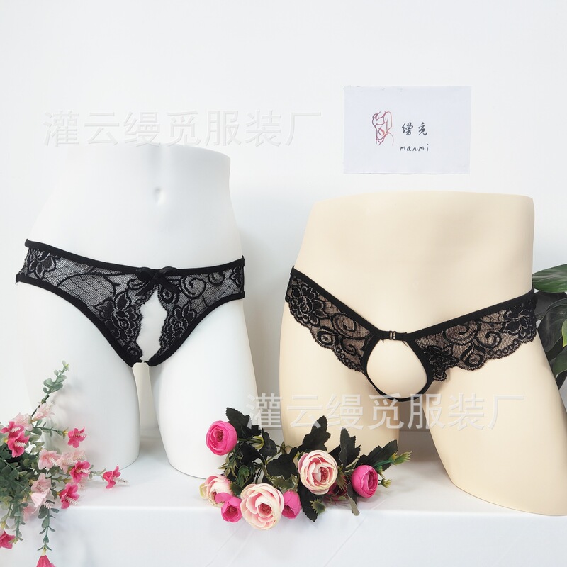 New Men's lace mesh transparent hollow sexy thong couple couple exposed JJ hip men's T pants