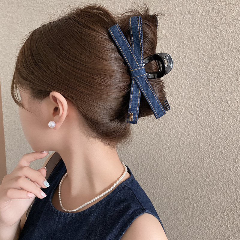 2025 新しいデニムリボンクリップ女性の多用途ハイエンドヘアクリップ後頭部大型サメクリップ帽子|undefined