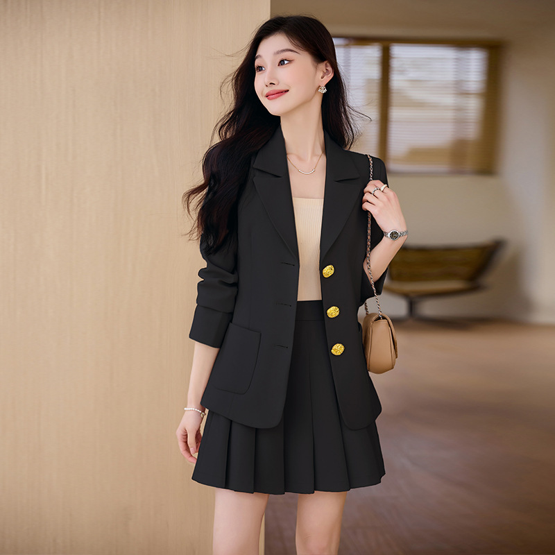 (2개) 봄과 가을 긴팔 작은 세트 세트 전문 여성 의류 슬림 핏 주름 치마 3 버튼 세트 대학 스타일 블랙