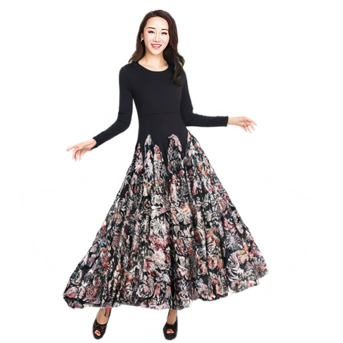 Новое платье современного танца платье платье большой качели платье с длинными рукавами